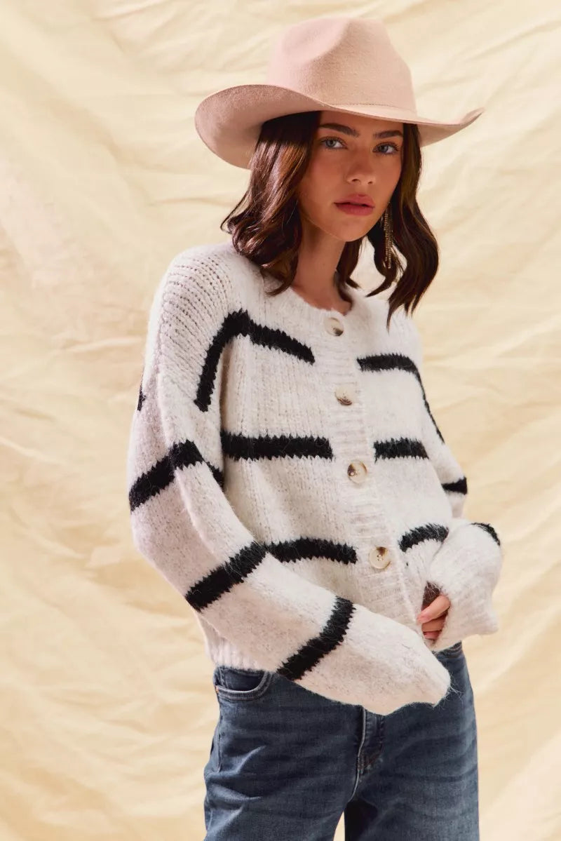 SO ME Stripe Soft Touch Button Cozy Sweater Cardigan