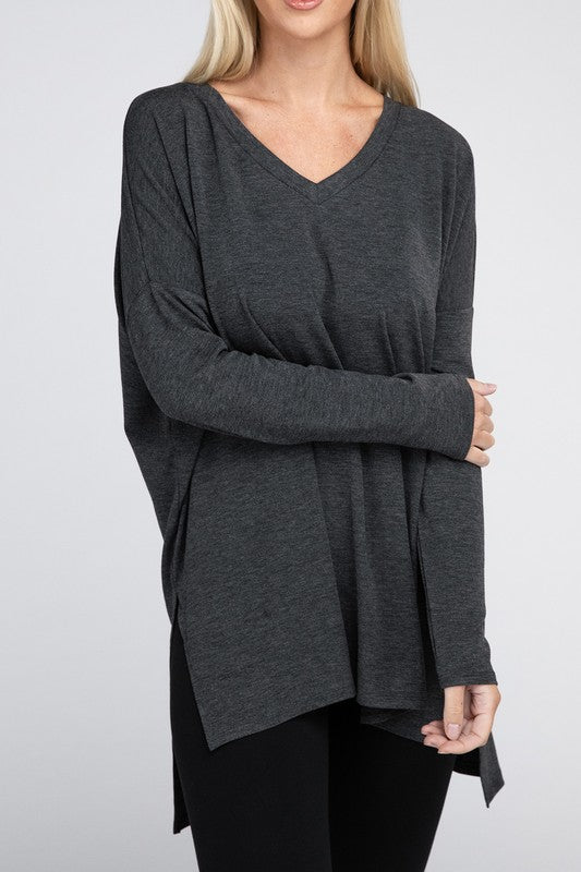 Zenana Dolman Long Sleeve V-Neck Side Slit Hi-Low Hem Top