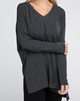 Zenana Dolman Long Sleeve V-Neck Side Slit Hi-Low Hem Top