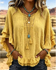 Women's Boho V-Neck Lace-Up Ruffle Sleeve Blouse – Lace Trim