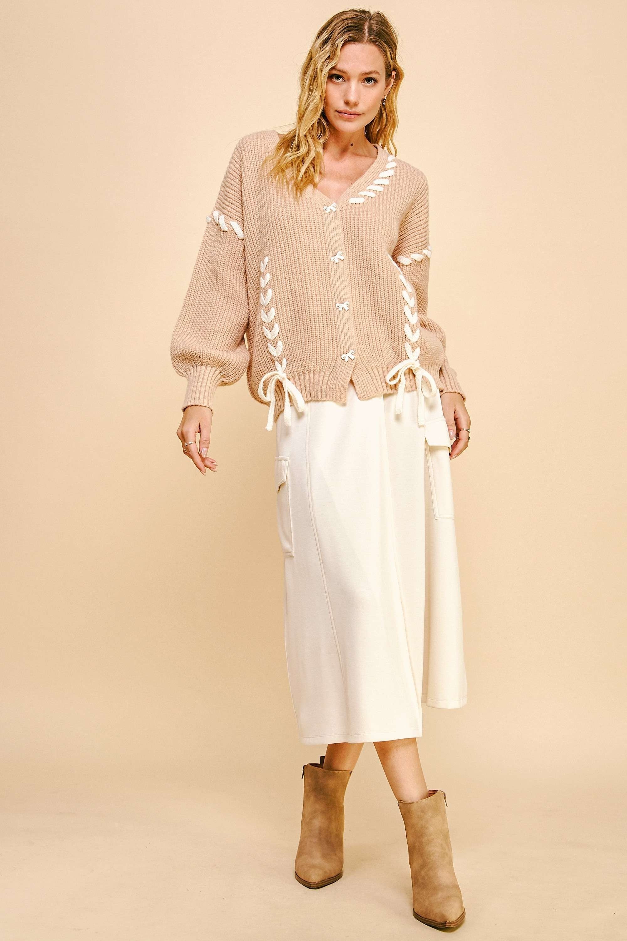 Davi &amp; Dani Lace-Up Ribbon Bow Button Down Cardigan