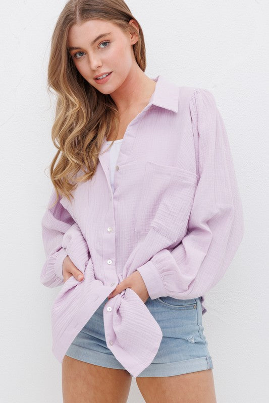 Textured Gauze Button Down Puff Sleeve Blouse