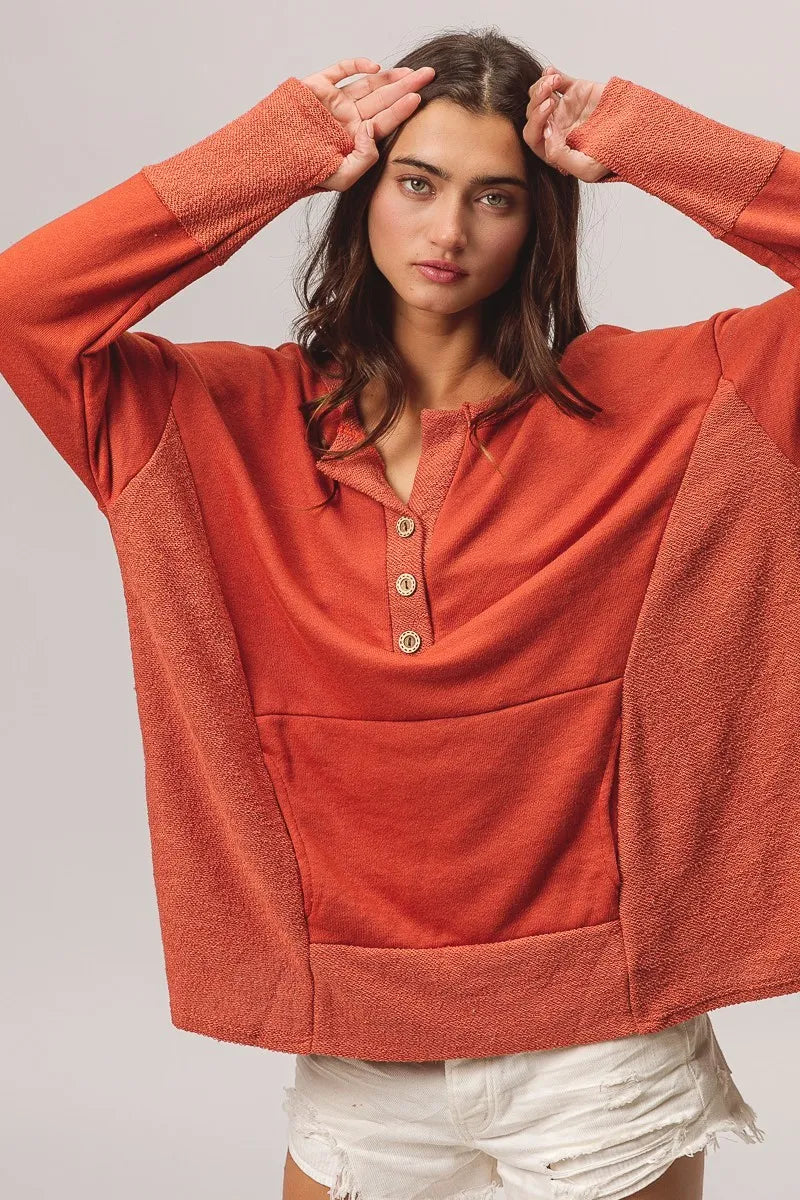 BiBi French Terry Knit Side Block Buttoned Henley Top in Rust