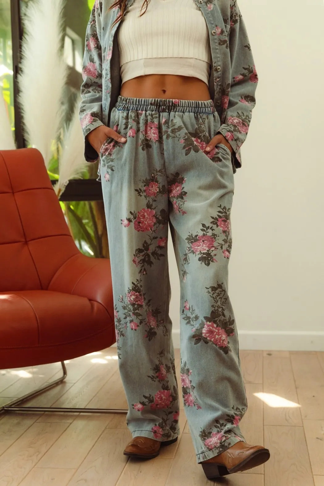 BiBi Flower Printed Denim Pants