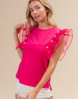 BiBi Pearl Decor Mesh Ruffle Sleeve Top