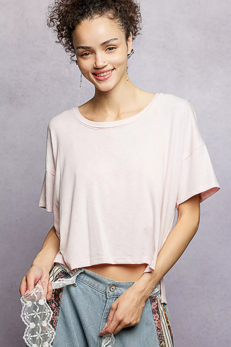 POL Round Neck Short Sleeve T-Shirt with High Low Hem