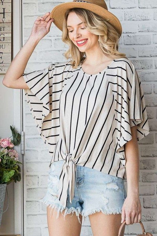 Jade By Jane PLUS Striped Print Tie Hem Sleeve Top