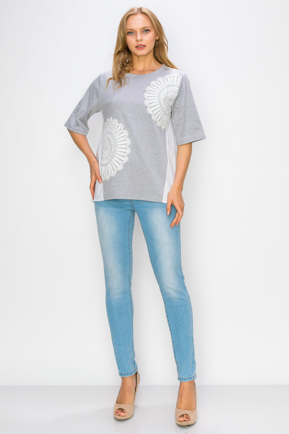 Roxi Pointe Knit Top with Lace Circled with Pearls