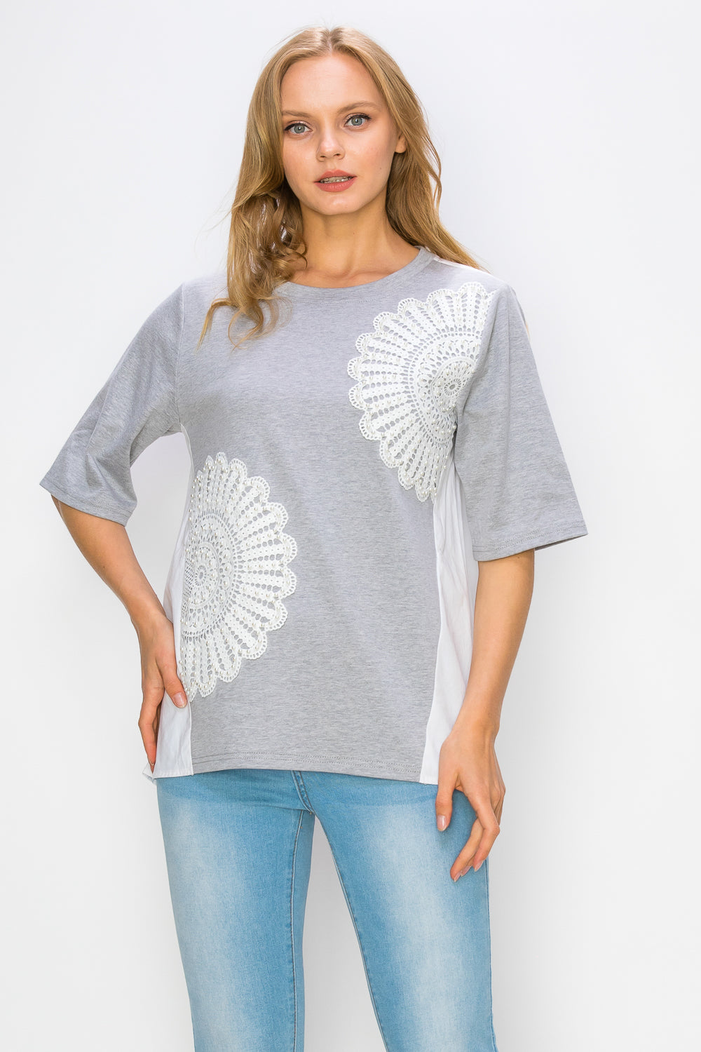 Roxi Pointe Knit Top with Lace Circled with Pearls