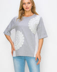 Roxi Pointe Knit Top with Lace Circled with Pearls