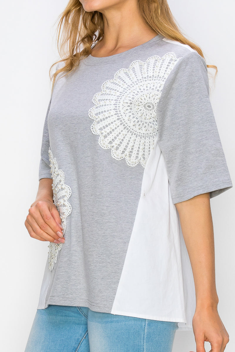 Roxi Pointe Knit Top with Lace Circled with Pearls