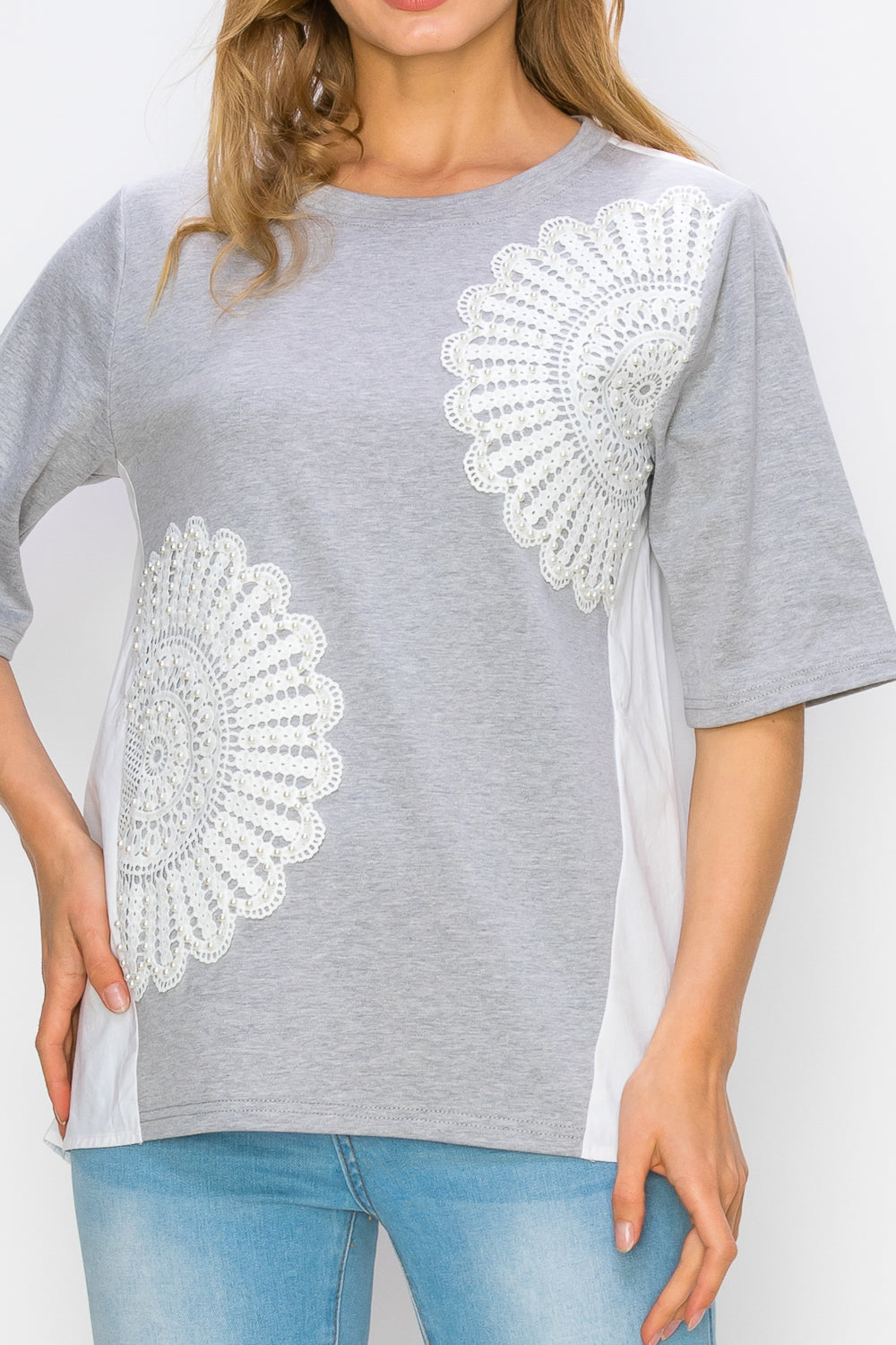 Roxi Pointe Knit Top with Lace Circled with Pearls