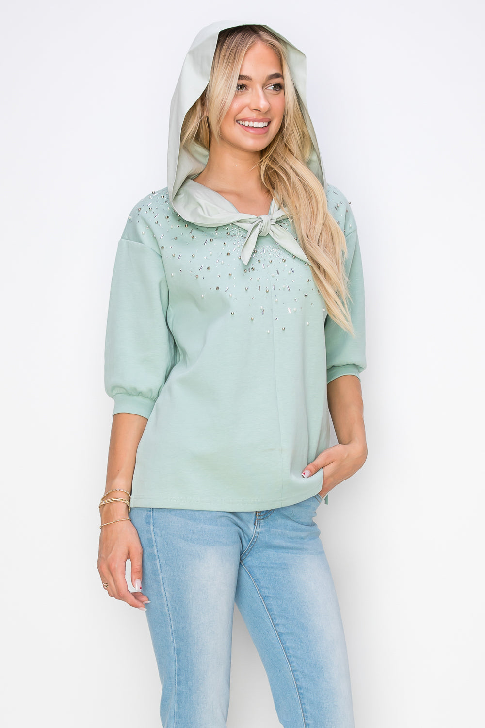 Karnie Prima Cotton Knit Top with Sparkling Studs &amp; Detachable Hoodie