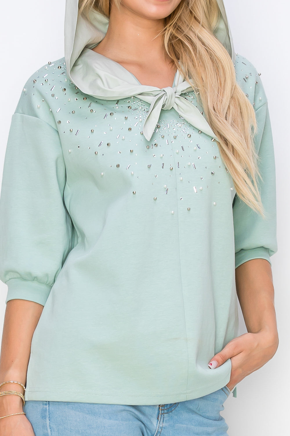 Karnie Prima Cotton Knit Top with Sparkling Studs &amp; Detachable Hoodie