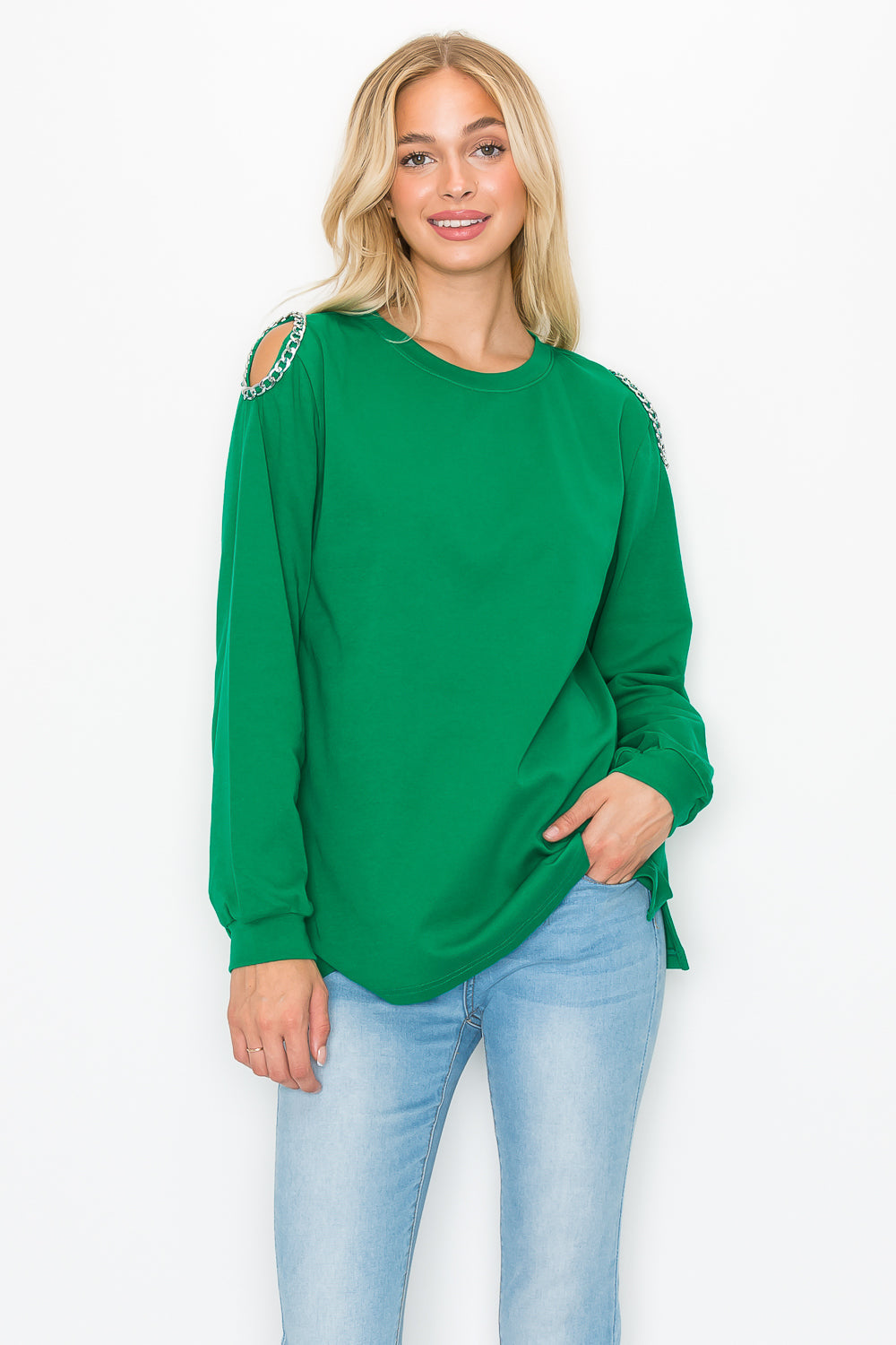 Rita Pointe Knit Top with Chain Trim Open Shoulder