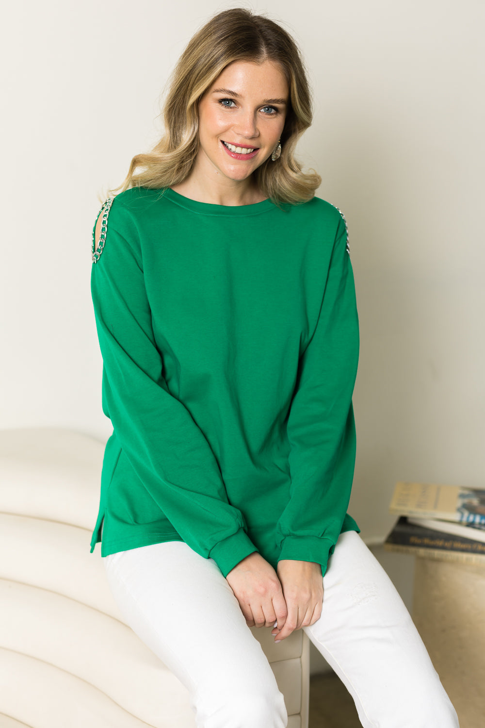 Rita Pointe Knit Top with Chain Trim Open Shoulder