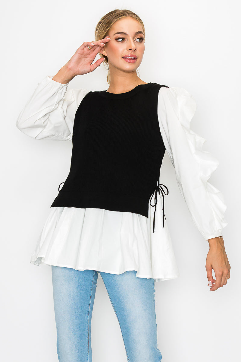 Wanelle Top with Ruffled Sleeves &amp; Detachable Knitted Sweater Vest