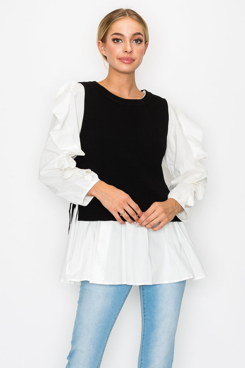 Wanelle Top with Ruffled Sleeves &amp; Detachable Knitted Sweater Vest