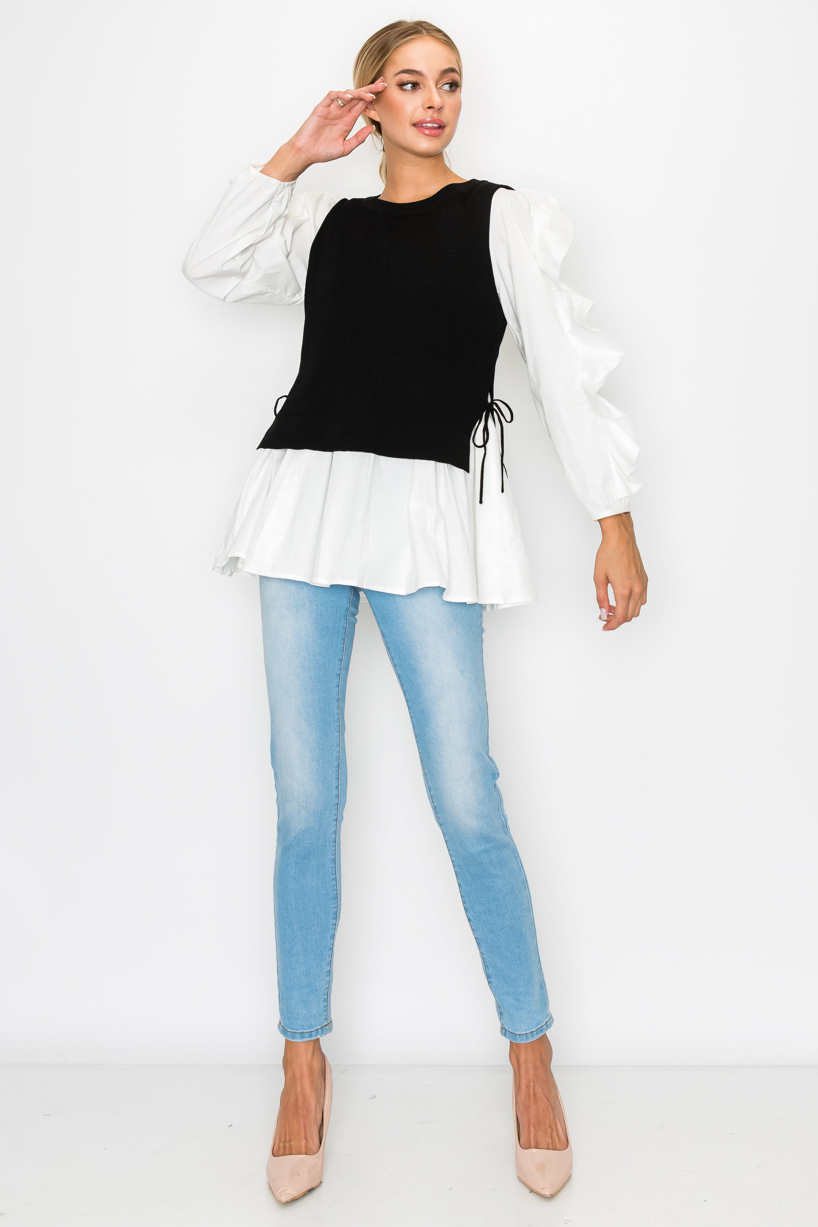 Wanelle Top with Ruffled Sleeves &amp; Detachable Knitted Sweater Vest