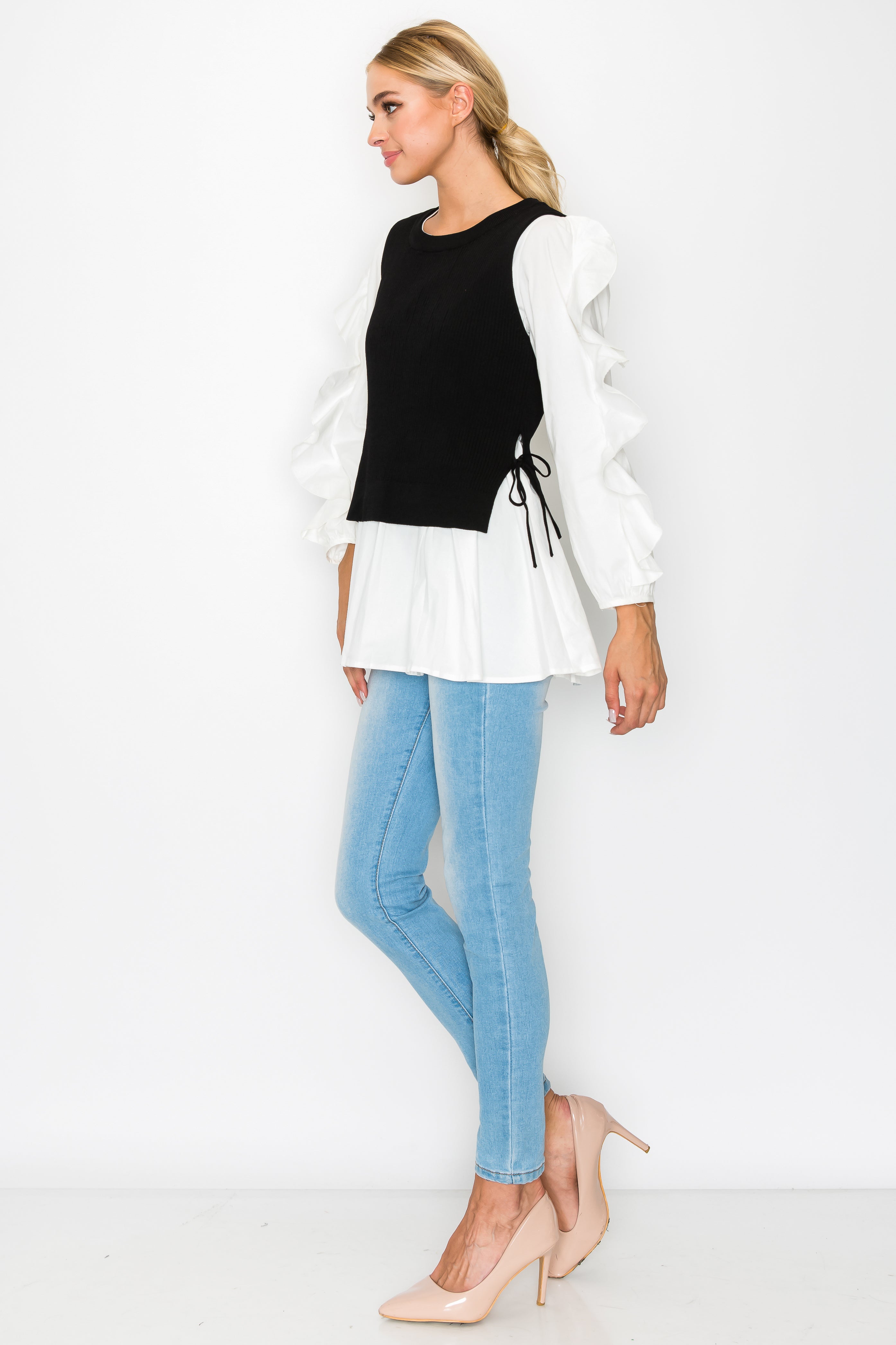 Wanelle Top with Ruffled Sleeves &amp; Detachable Knitted Sweater Vest