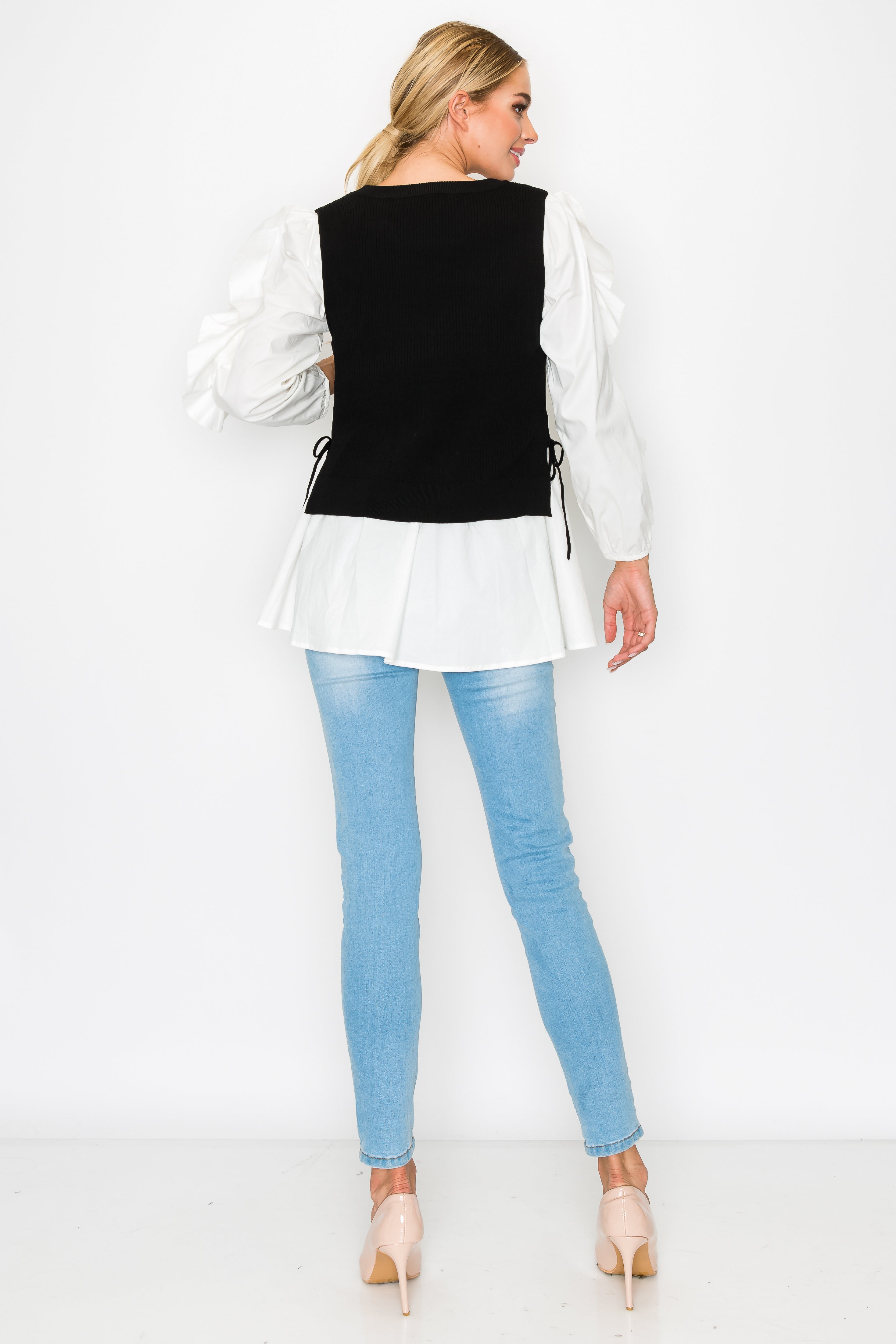 Wanelle Top with Ruffled Sleeves &amp; Detachable Knitted Sweater Vest