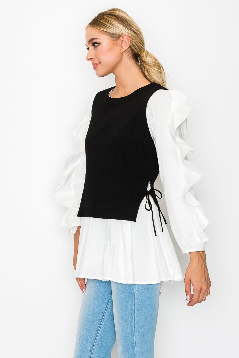 Wanelle Top with Ruffled Sleeves &amp; Detachable Knitted Sweater Vest