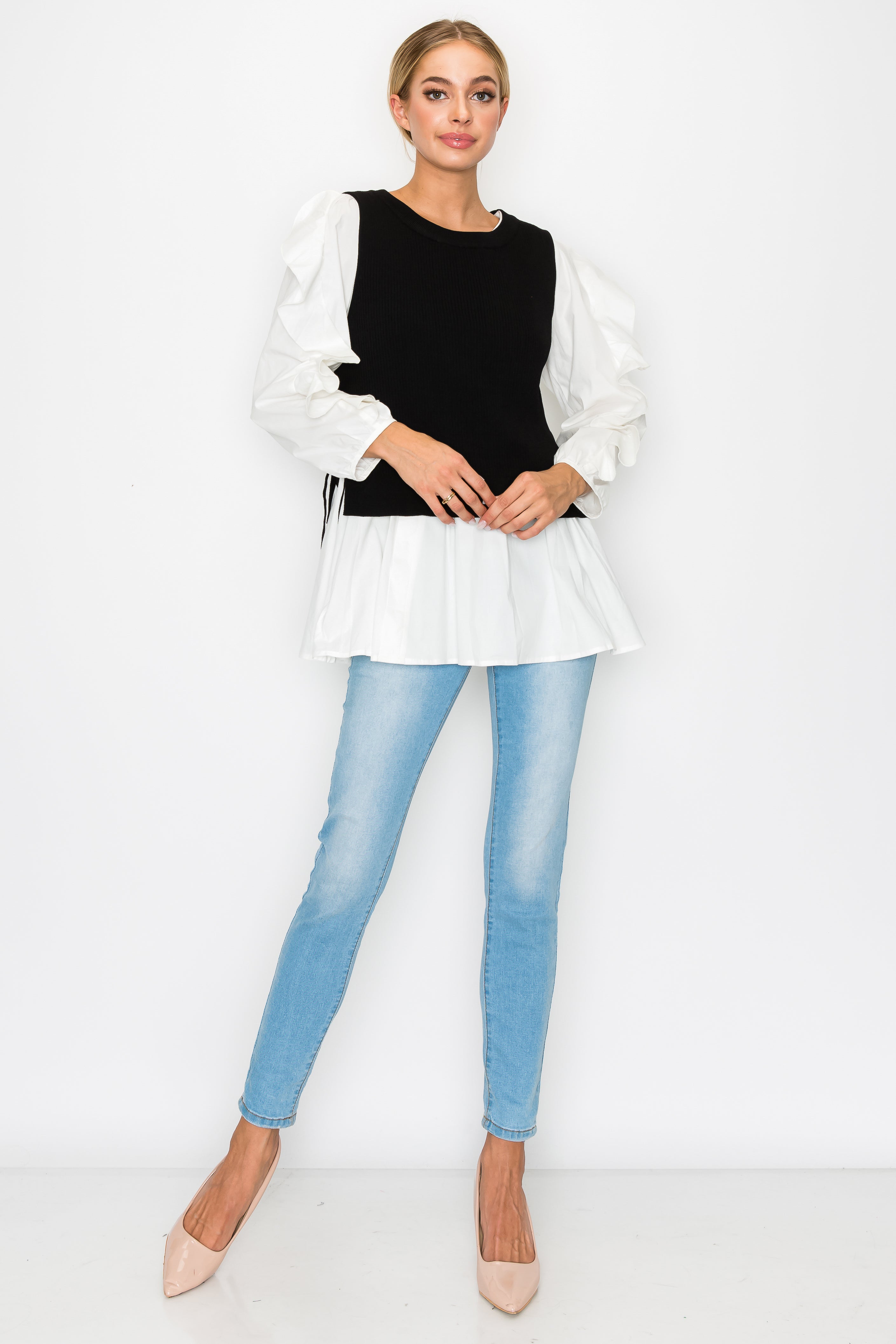 Wanelle Top with Ruffled Sleeves &amp; Detachable Knitted Sweater Vest