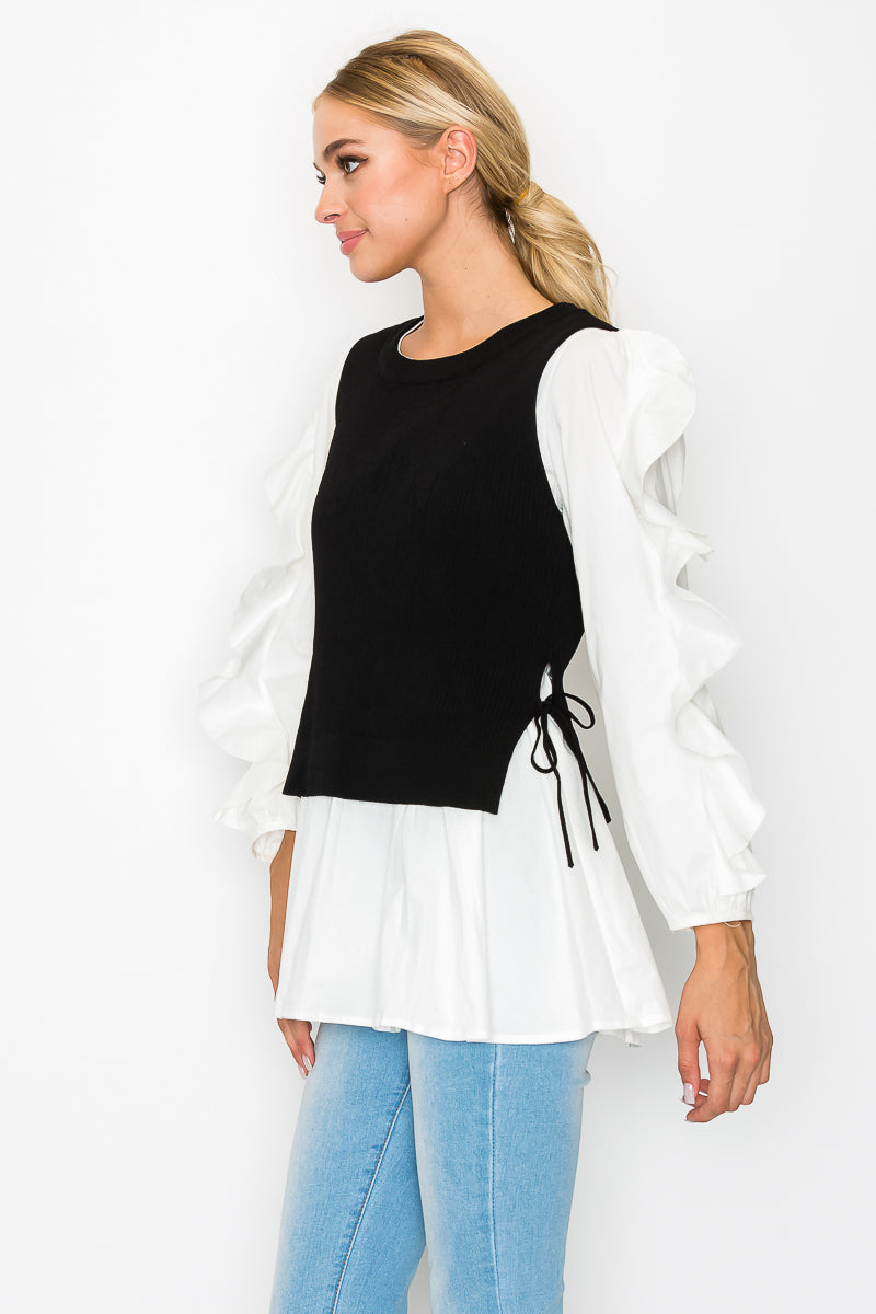Wanelle Top with Ruffled Sleeves & Detachable Knitted Sweater Vest