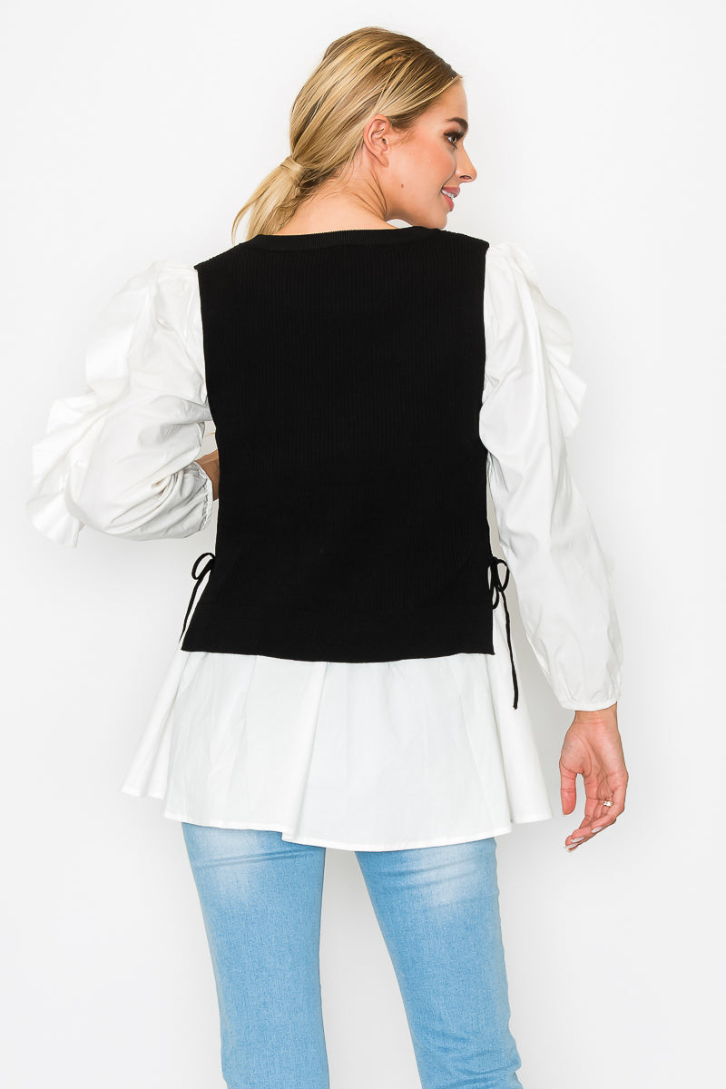 Wanelle Top with Ruffled Sleeves &amp; Detachable Knitted Sweater Vest