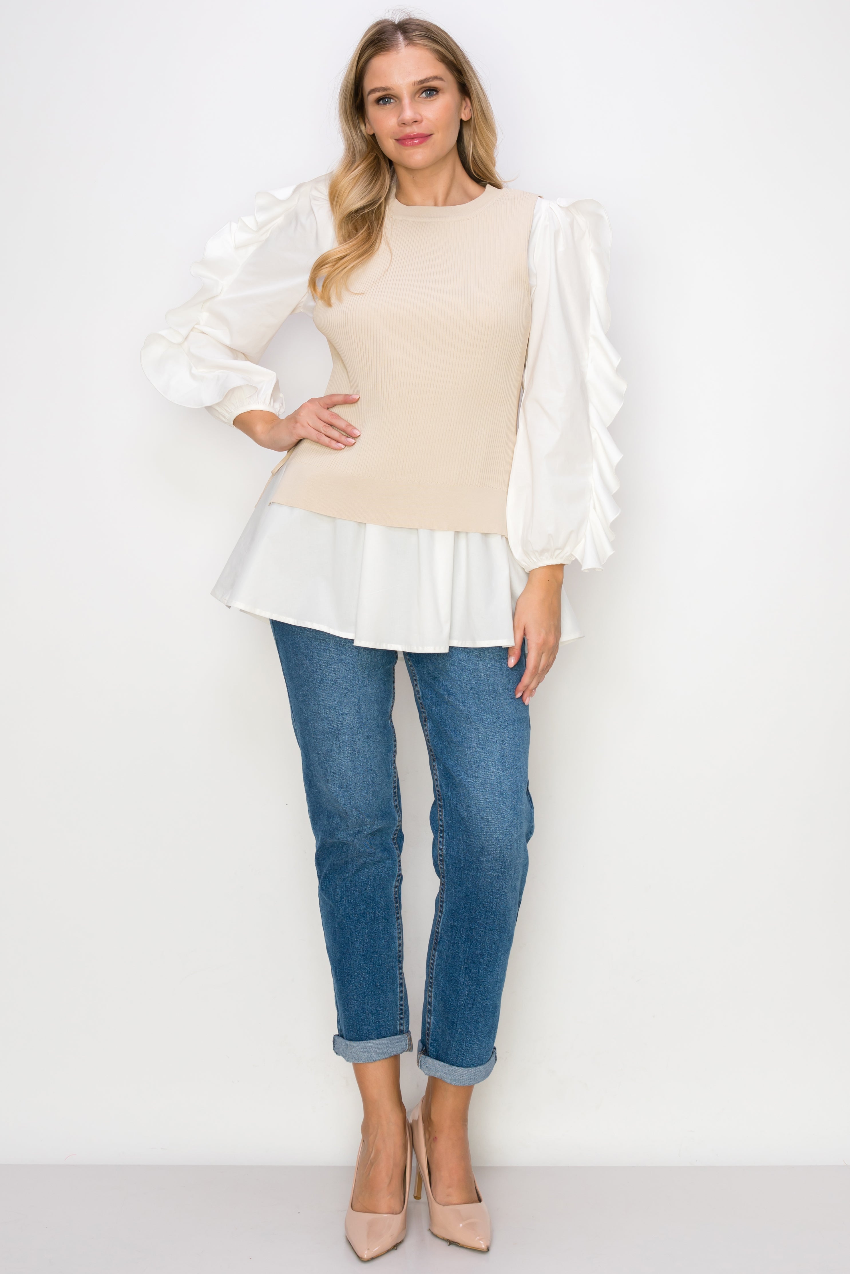 Wanelle Top with Ruffled Sleeves &amp; Detachable Knitted Sweater Vest