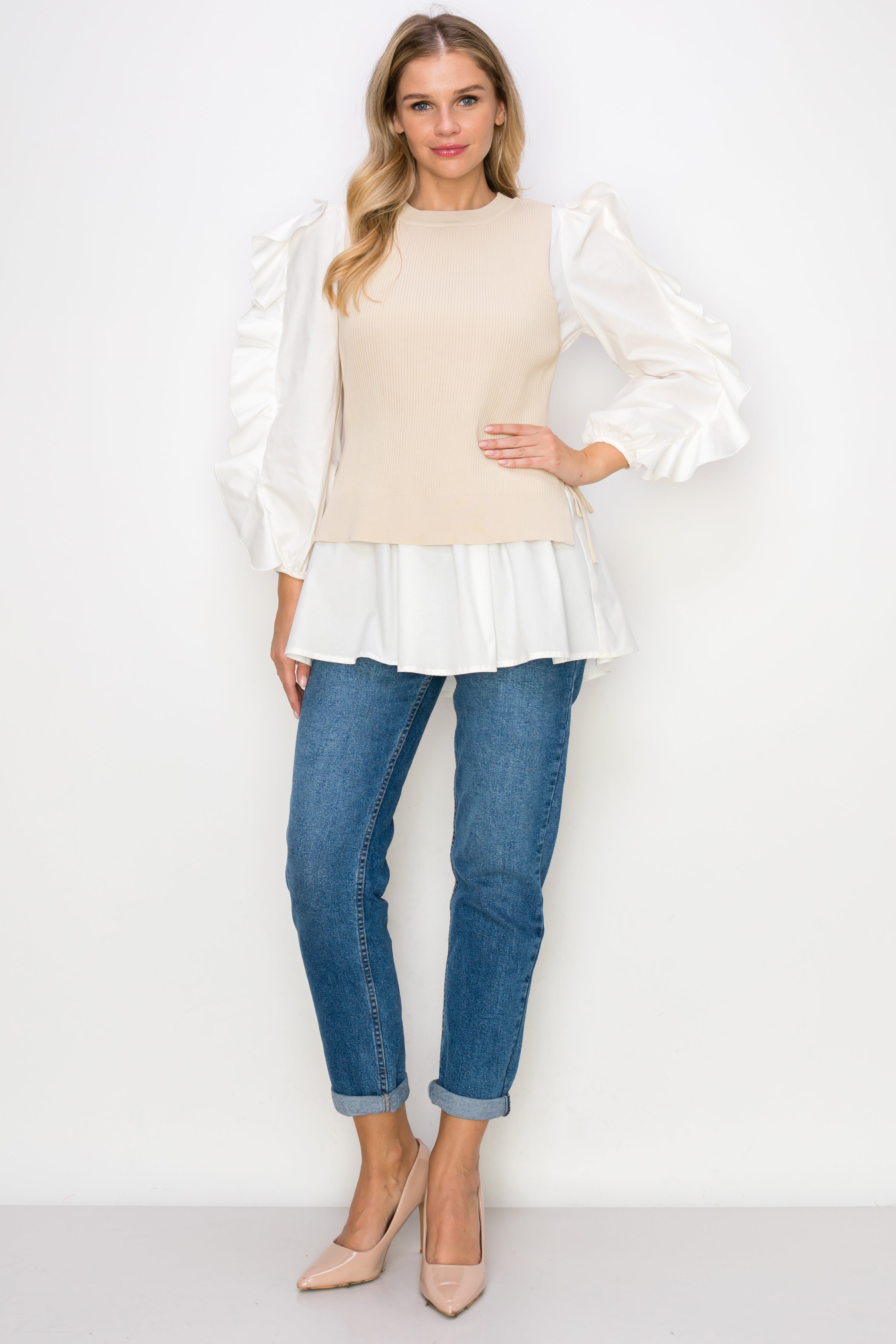 Wanelle Top with Ruffled Sleeves &amp; Detachable Knitted Sweater Vest