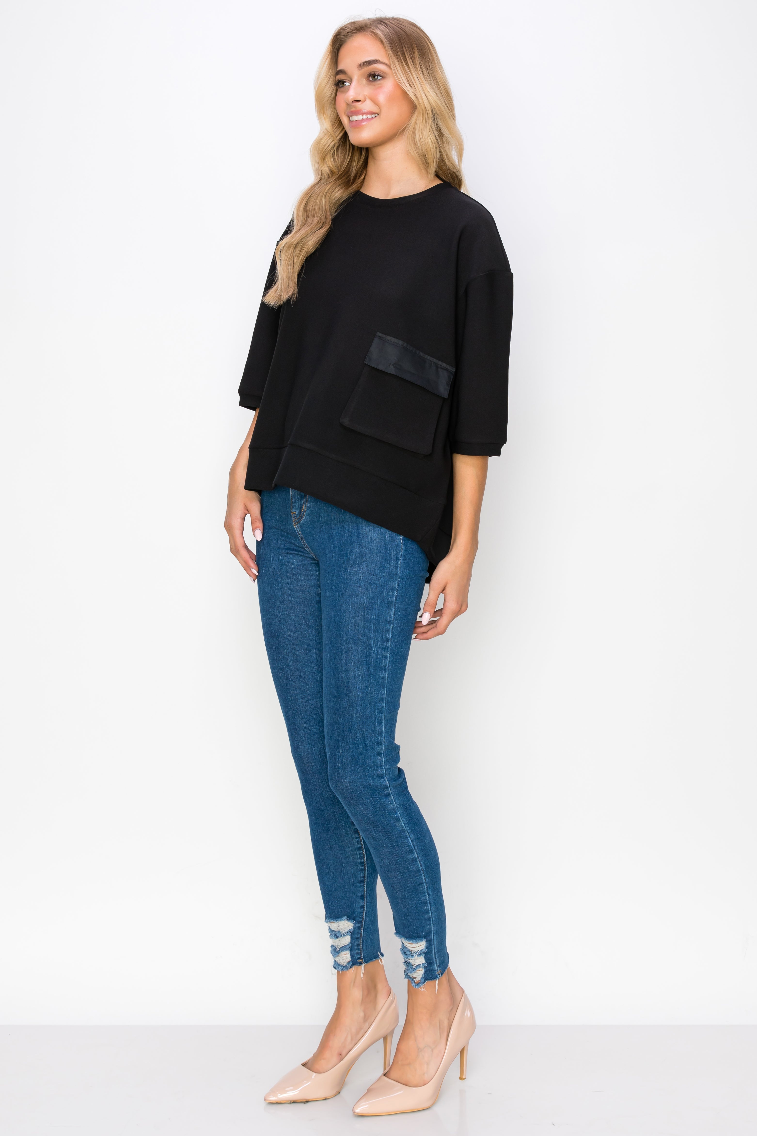 Karen Knit Crepe Top with Front Pocket