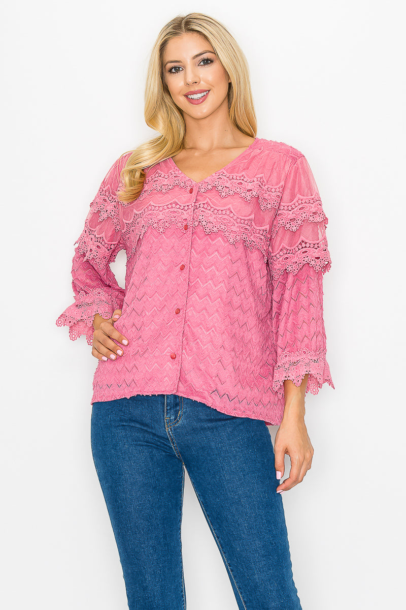 Kelly Anne Stretch Knit Mesh &amp; Lace Top