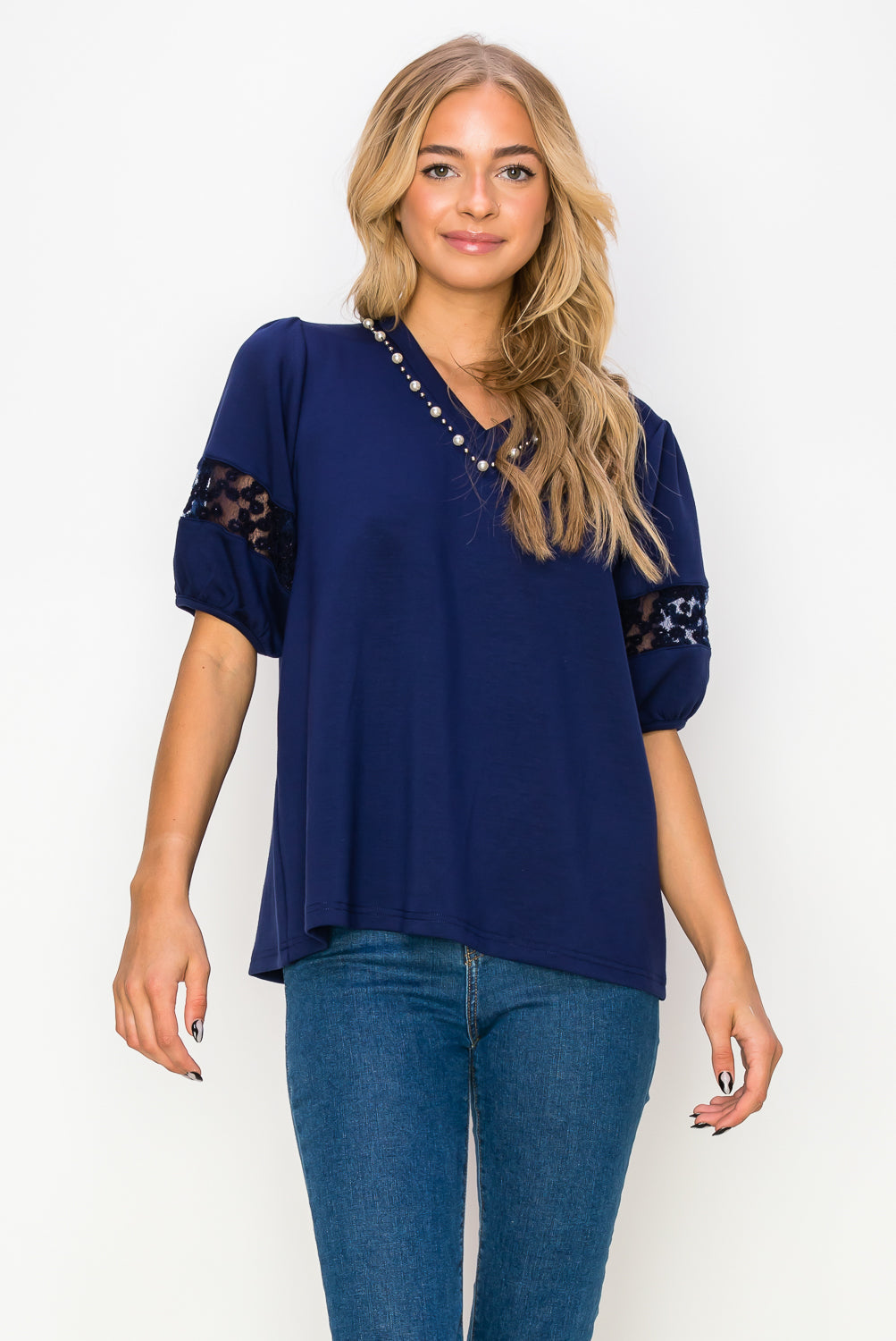 Katrina Pointe Knit Top with Pearls