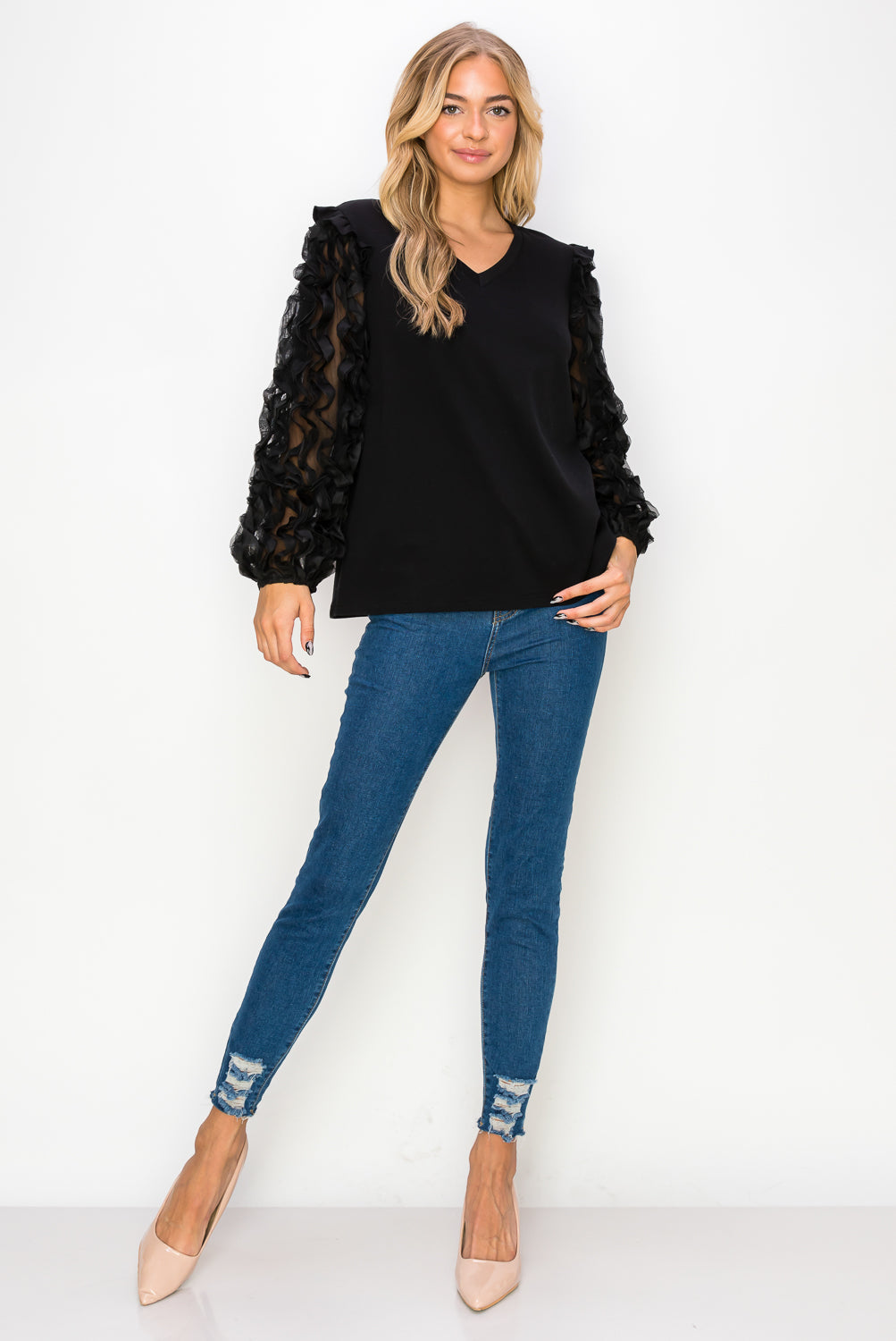 JOH | Rhonda Pointe Top with Mesh Lace Swirls