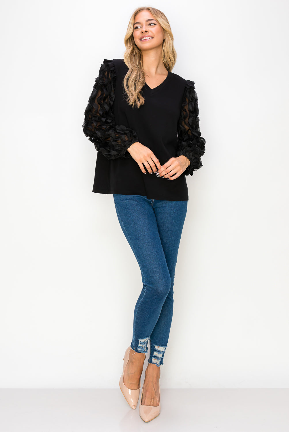 JOH | Rhonda Pointe Top with Mesh Lace Swirls