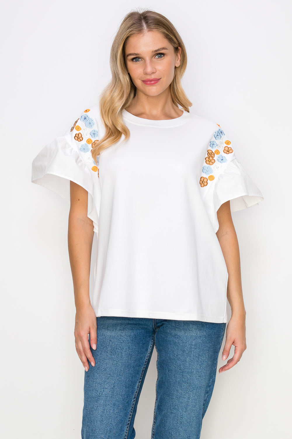 Rinnie Pointe Knit Top with Embroidered Flower Sparkles