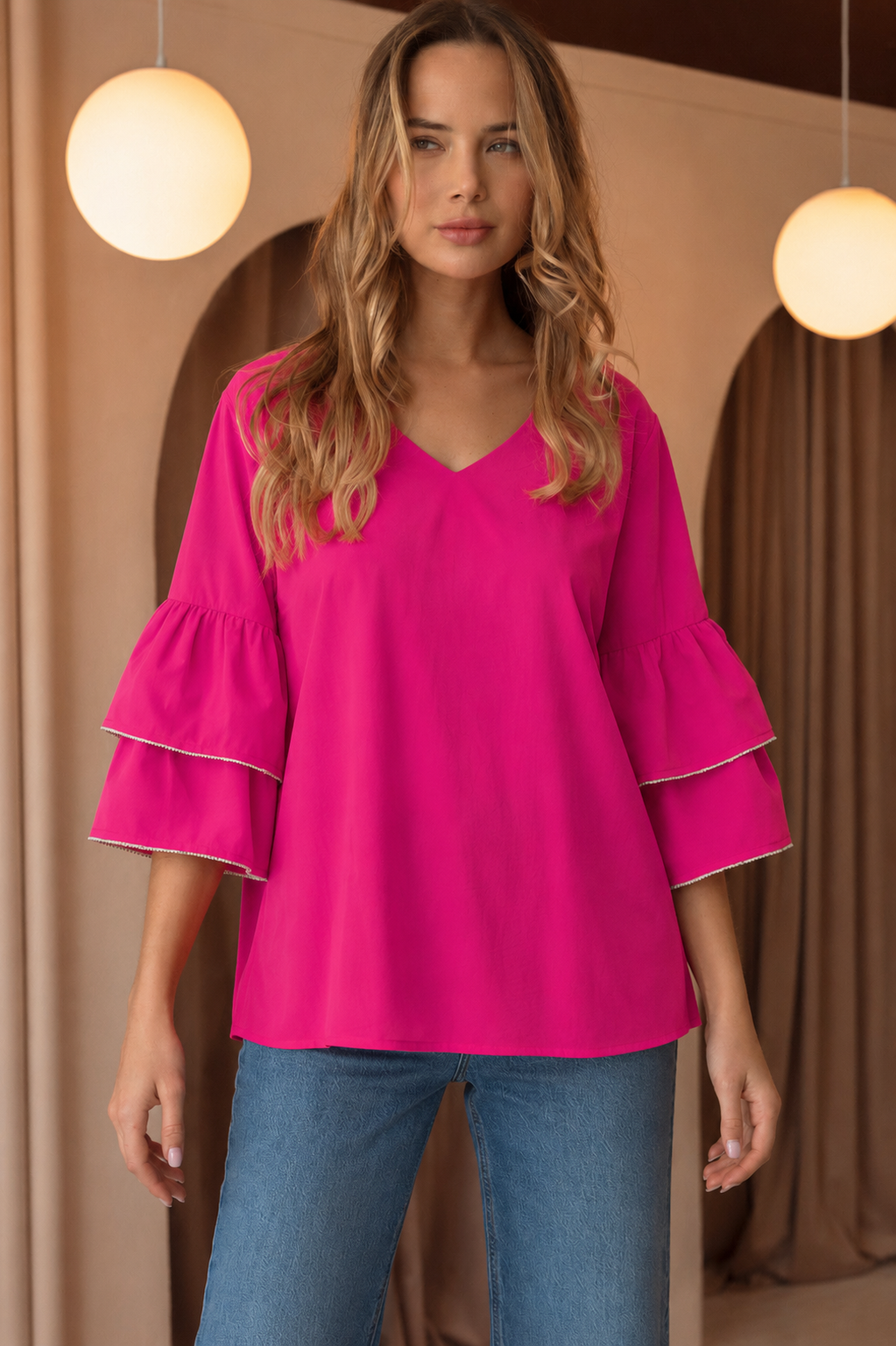 JOH Wesenia Ruffle Sleeve V-Neck Blouse