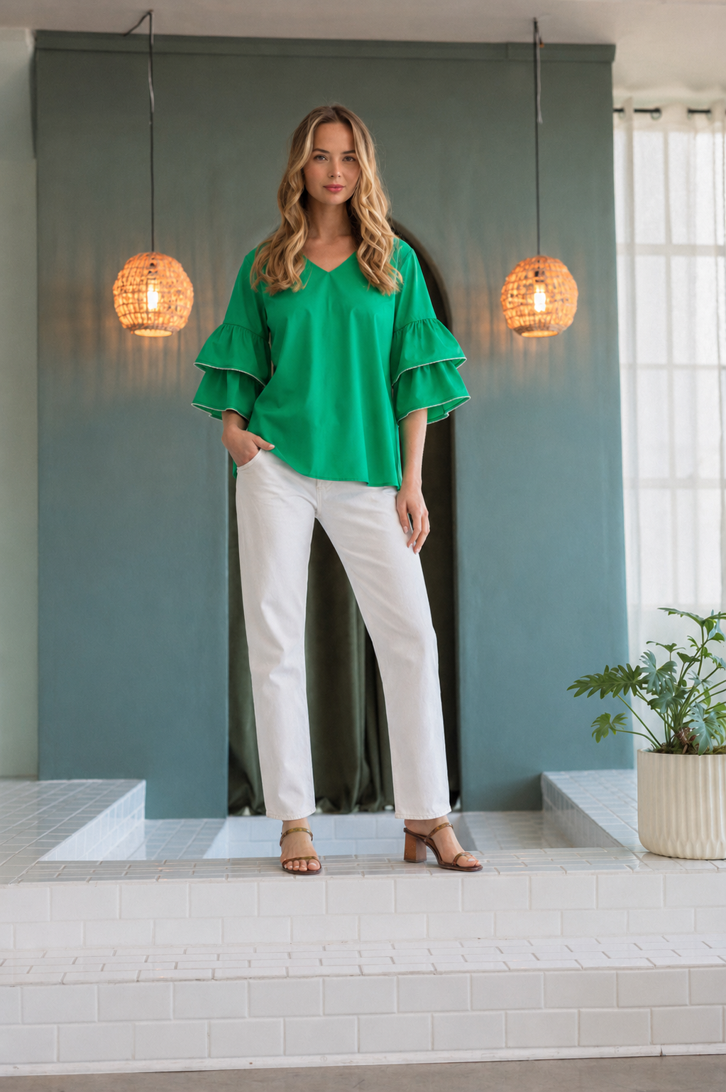 JOH Wesenia Ruffle Sleeve V-Neck Blouse