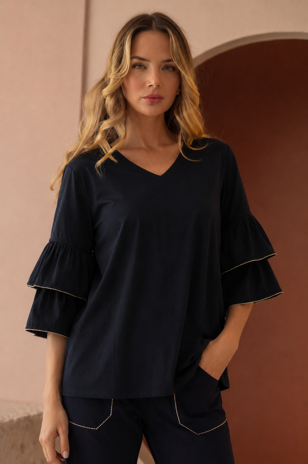 JOH Wesenia Ruffle Sleeve V-Neck Blouse