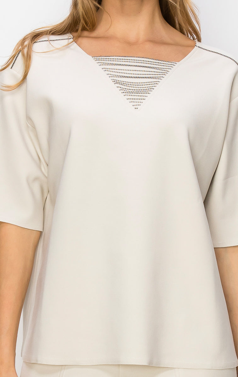 Kassie Crepe Knit Top with Beading Trim