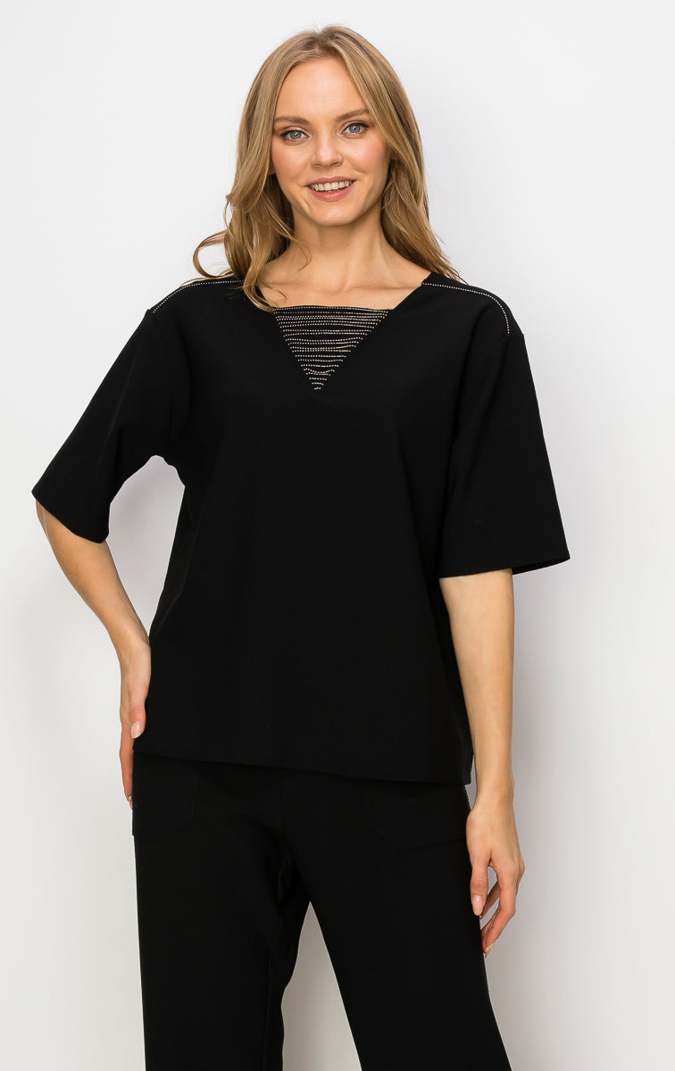 Kassie Crepe Knit Top with Beading Trim