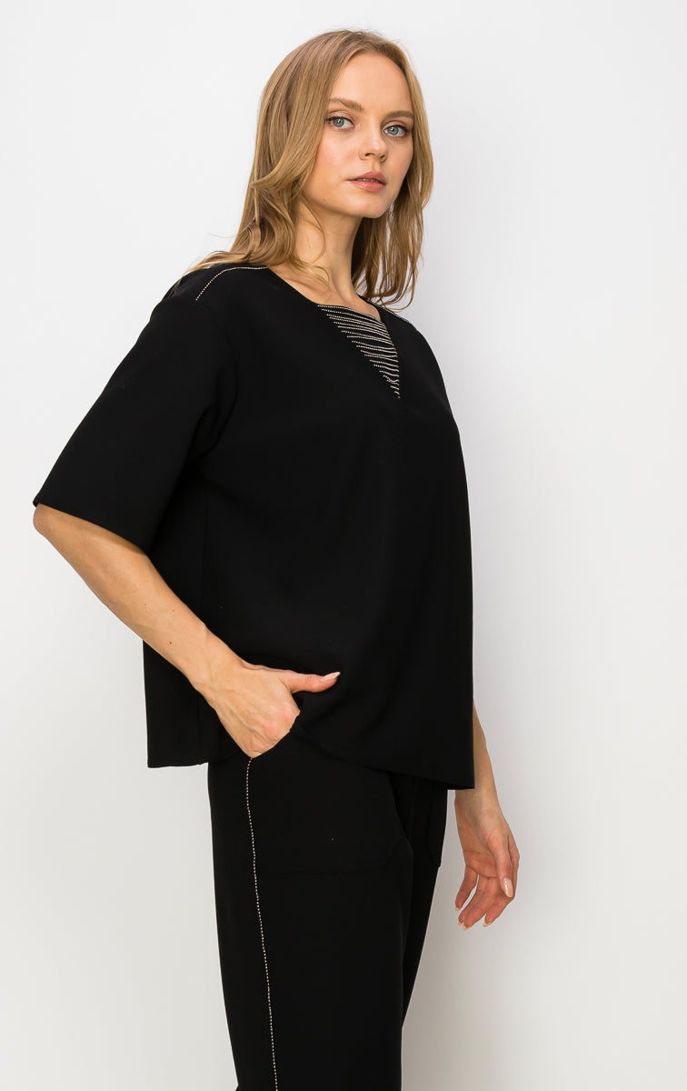 Kassie Crepe Knit Top with Beading Trim