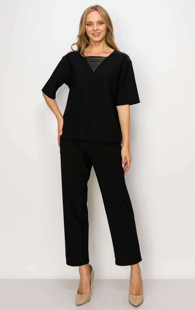 Kassie Crepe Knit Top with Beading Trim