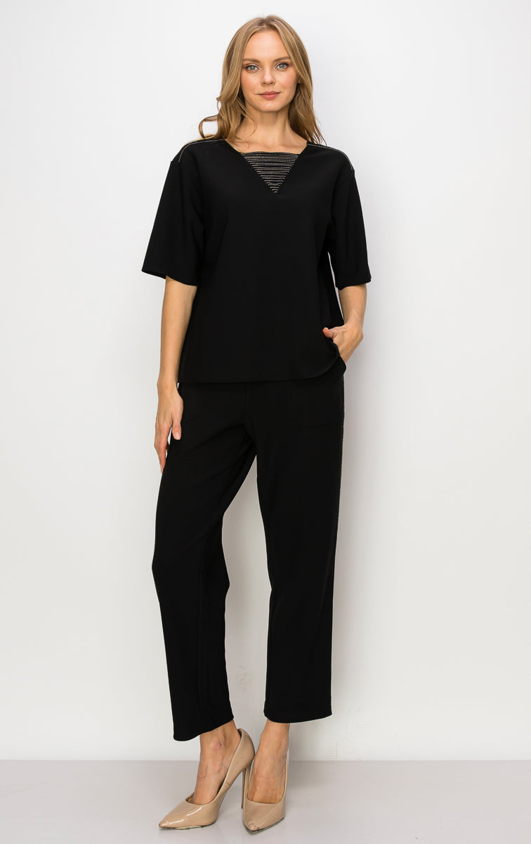 Kassie Crepe Knit Top with Beading Trim