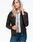 YMI Removable Faux Layered Multi-Pocket Jacket with Fuzzy Hood