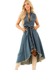 Asymmetrical Button-Front Denim Midi Dress