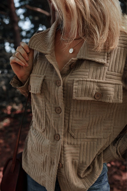 Textured Button-Up Chest Pocket Shacket in Khaki