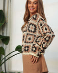 Davi & Dani Crochet Patchwork Round Neck Pullover Sweater Top