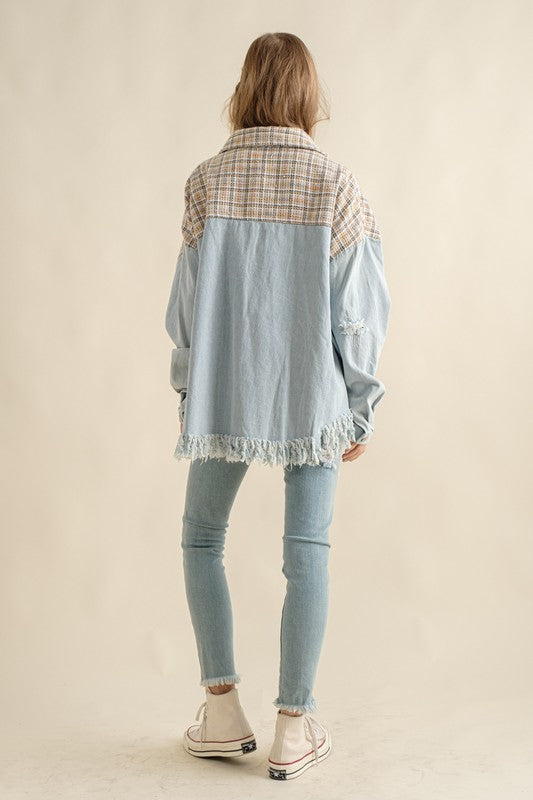 Tweed Mixed Denim Shacket with Fringed Hem